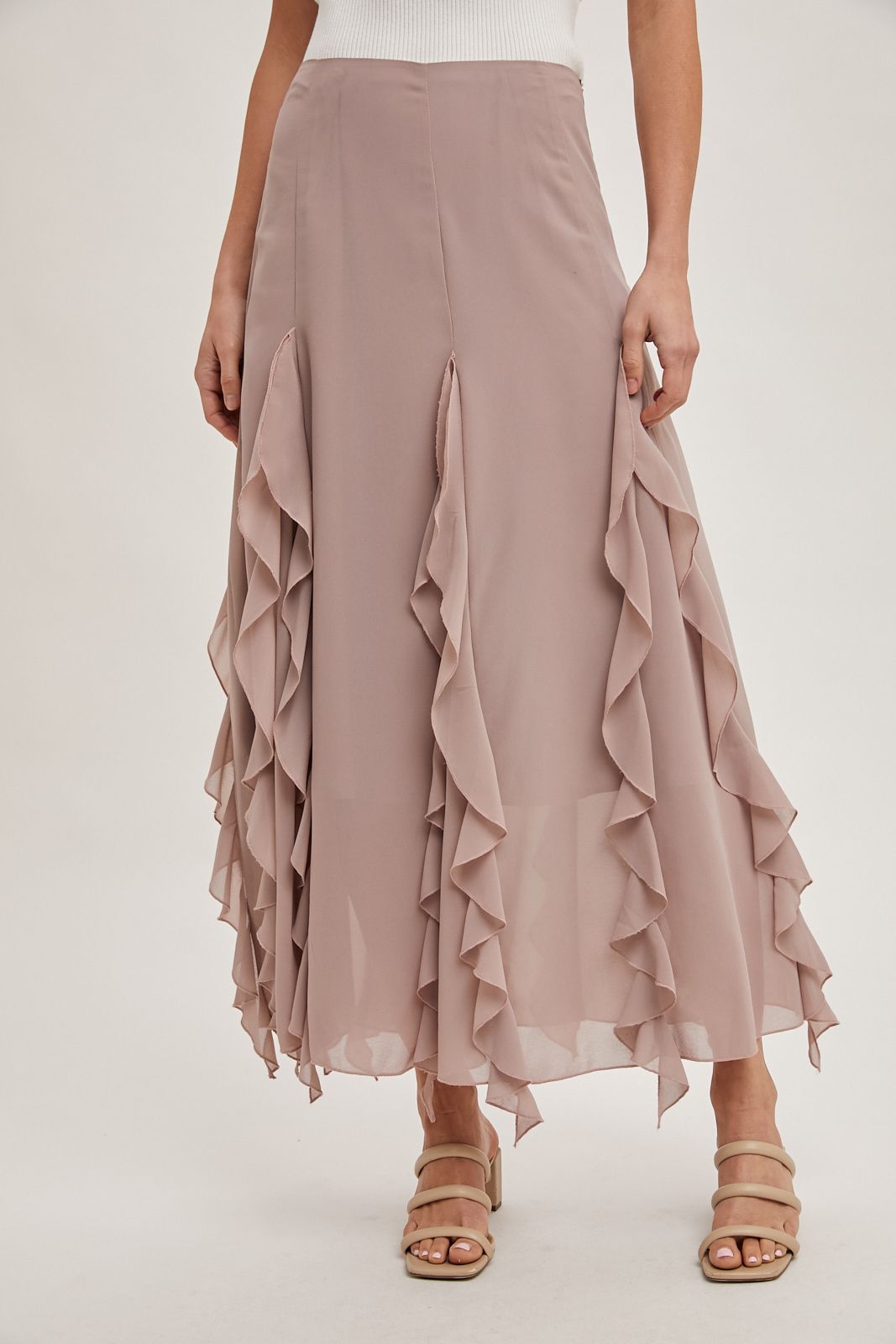 CHIFFON RUFFLED MAXI SKIRT WITH LINING, Contents:100%POLYESTER