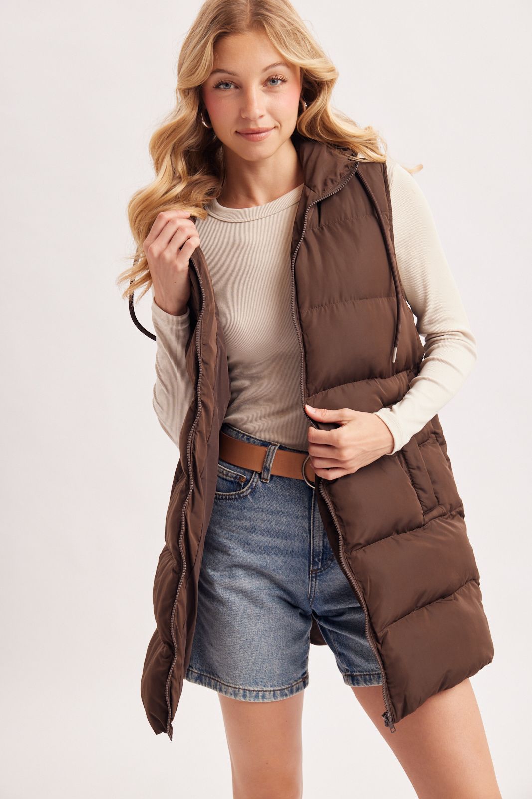 HOODED ZIPPER DOWN LONGLINE PUFFER VEST, Contents:100%POLYESTER